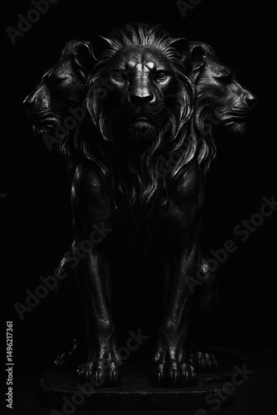 Obraz a metallic statue of a lion with 3 faces, on a white background