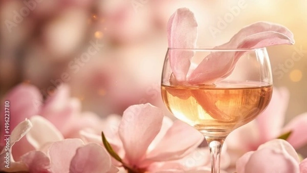 Fototapeta A glass filled with water and pink flower petals sits on a soft surface. More petals surround the glass, with one in sharp focus in the foreground. A blurred floral background enhances