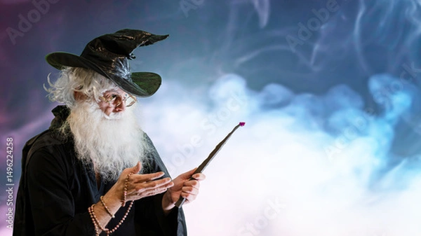 Fototapeta Wizard old man casting spell with magic wand