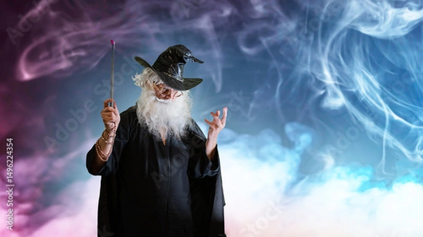 Fototapeta Wizard old man casting spell with magic wand