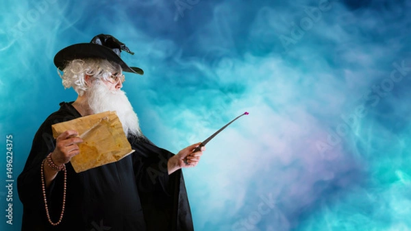 Fototapeta Wizard old man casting spell with magic wand