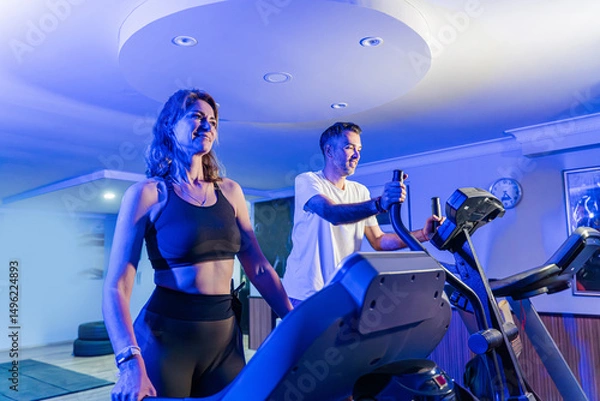 Fototapeta Couple working out in home gym, Personal trainer assisting client