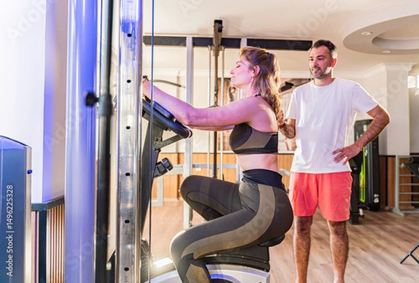 Fototapeta Couple working out in home gym, Personal trainer assisting client