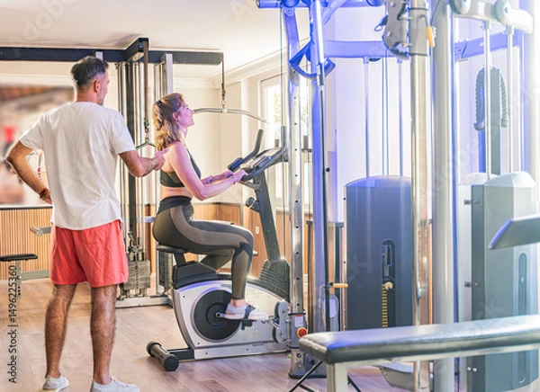 Fototapeta Couple working out in home gym, Personal trainer assisting client