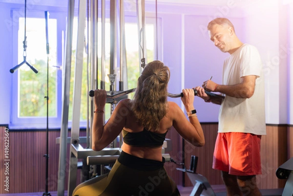 Fototapeta Couple working out in home gym, Personal trainer assisting client