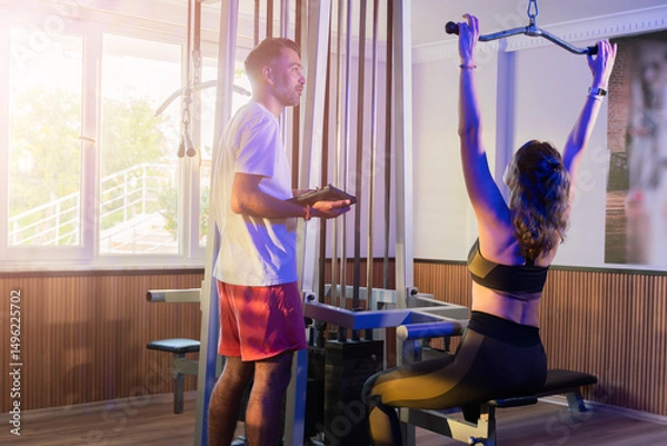 Fototapeta Couple working out in home gym, Personal trainer assisting client