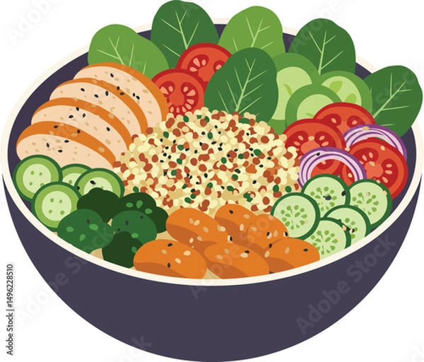 Fototapeta Healthy quinoa salad bowl with grilled chicken and fresh vegetables balanced nutritious meal vector 