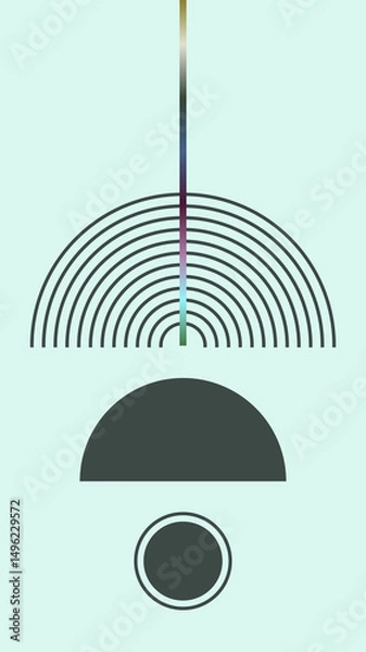Fototapeta Minimalist abstract artwork with geometric shapes, including arcs, a semicircle, and a textured circle. A vertical gradient line adds contrast, creating a modern and balanced composition.