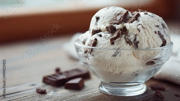 Fototapeta Close up shot of delicate vanilla homemade chocolate chip ice cream served in glass bowl placed on wooden table, smooth texture and rich detail, natural daylight and kitchen background