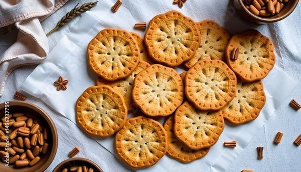 Fototapeta Delicious traditional cookies on white surface home kitchen food photography cozy environment top view culinary delight