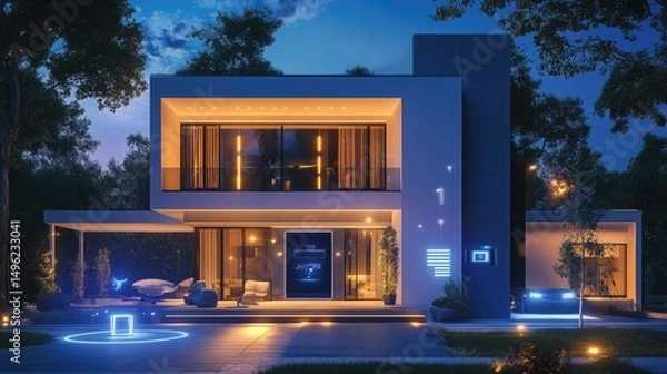 Obraz Luxury Smart Home at Night: Modern Architecture, Illuminated Exterior, and Technological Integration