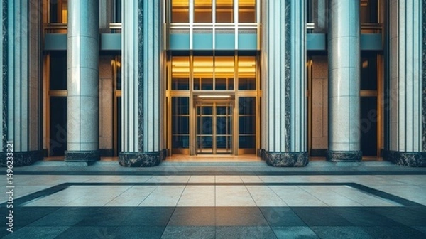 Obraz Modern building entrance with marble columns and glass doors at dusk