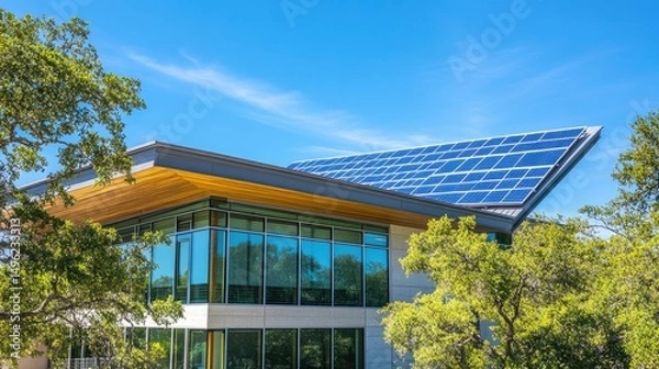 Obraz Modern Building with Solar Panels and Lush Greenery Under a Bright Blue Sky
