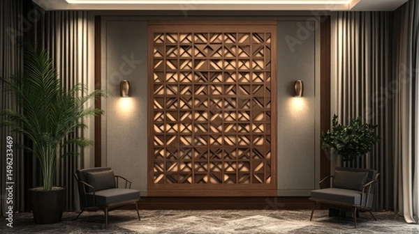 Obraz Modern Interior Design: Geometric Wood Panel with Armchairs and Plants