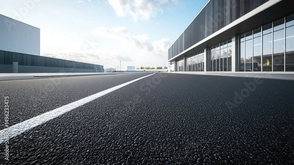 Obraz Modern Building Exterior, Asphalt Road, Clear Sky, Empty Parking Lot, Architectural Design