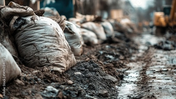 Obraz Muddy Sandbags at Construction Site: Close-up View of Earthworks