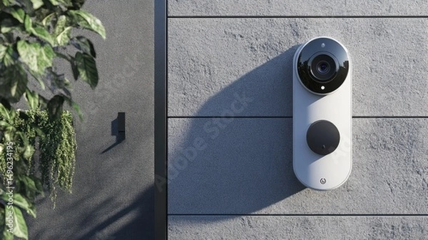 Obraz Modern Smart Doorbell on Gray Concrete Wall with Greenery