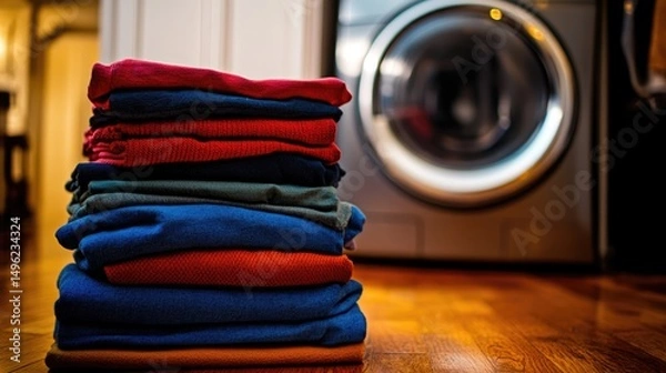 Obraz Neat Stack of Folded Clothes Near a Washing Machine
