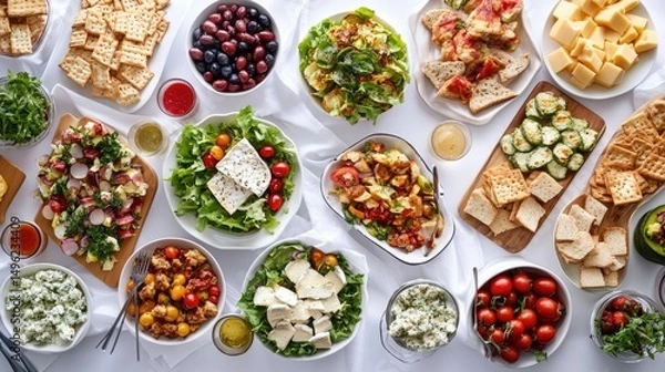Obraz Overhead View of Delicious Buffet Table with Salads, Cheese, Crackers, and More!