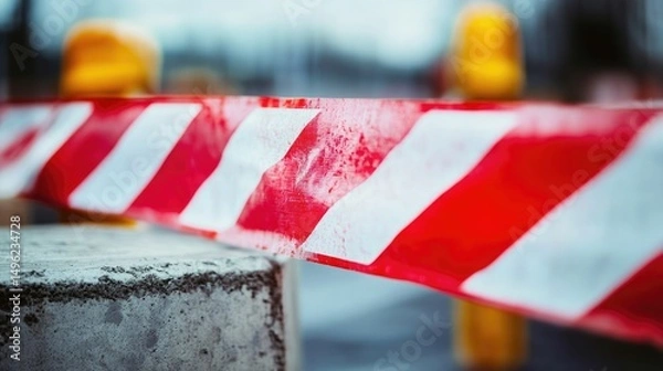 Obraz Red and White Striped Barrier Tape Close Up, Construction Site Safety, Urban Scene