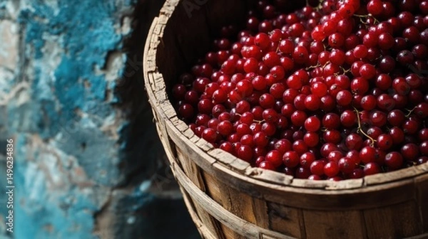 Obraz Red Currants in Rustic Wooden Basket, Close-Up View