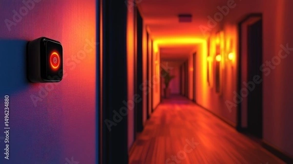 Obraz Red Illuminated Hotel Corridor with Wall Switch