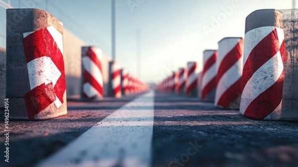 Obraz Red and White Striped Concrete Bollards on Asphalt Road at Sunrise