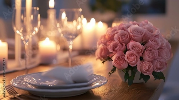Obraz Romantic Dinner Table Setting with Pink Roses and Candlelight