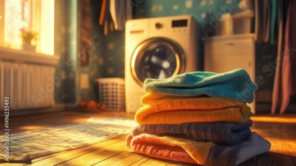 Obraz Soft Towels Stacked in Sunny Laundry Room, Warm Home Atmosphere