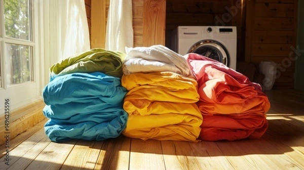Obraz Stacks of colorful bedding in sunlight near window