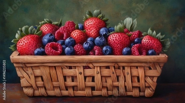Obraz Summer Berry Basket: A Still Life Painting of Strawberries, Raspberries and Blueberries