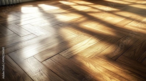 Obraz Sunlit Herringbone Wooden Floor Texture, Warm Brown, Natural Light