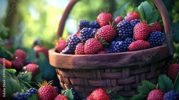 Obraz Summer Berries in Rustic Basket: Close-up of Raspberries and Blackberries