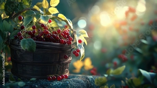 Obraz Sunlit Red Currants in Rustic Basket, Autumn Harvest Still Life Photography
