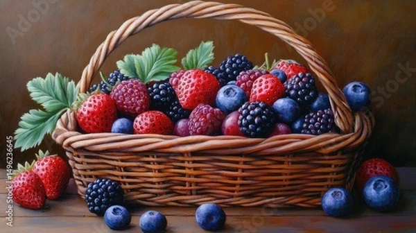 Obraz Vibrant Berries in a Rustic Woven Basket Still Life