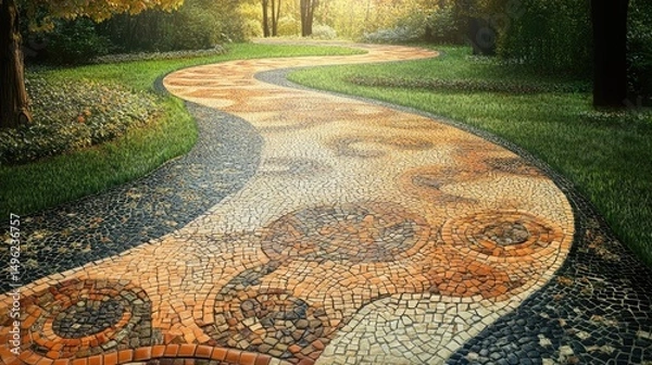 Obraz Winding Garden Path: Ornate Stone Mosaic Walkway