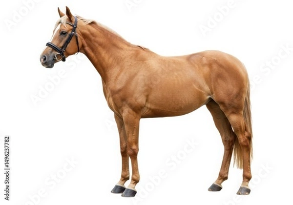 Fototapeta Palomino horse with bridle standing isolated on white background