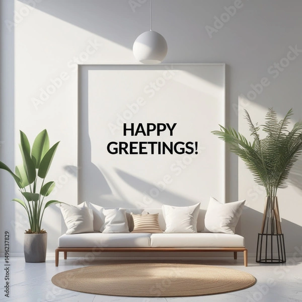 Fototapeta Bright and inviting living room featuring a white sofa, lush plants, and a cheerful 'Happy Greetings' wall decor in a minimalist setting. Perfect for themes of comfort, relaxation, and modern interior