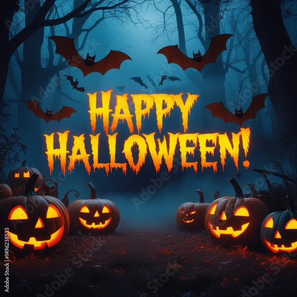 Obraz A spooky Halloween night scene, casting an eerie light. Bats fly overhead against a misty, dark forest backdrop. The words Happy Halloween
