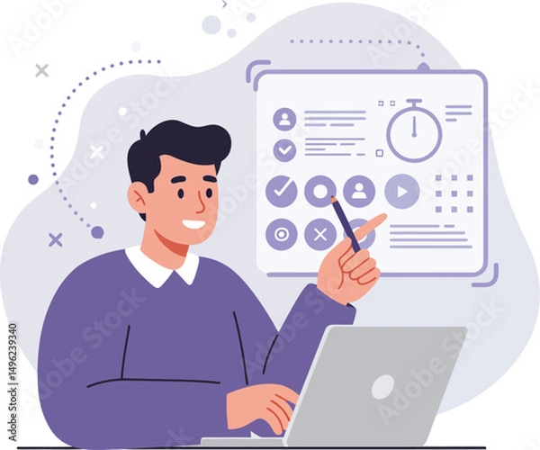 Fototapeta Man working on laptop with task management and productivity icons in flat design vector illustration 