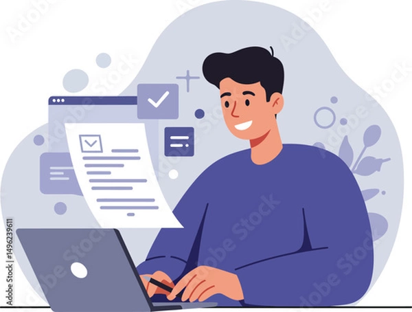Obraz Young man working on laptop with digital documents and notifications in modern flat style vector illustration 