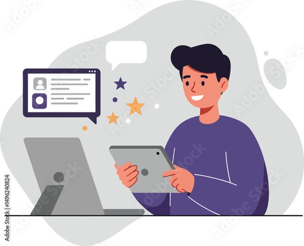Obraz Young man using tablet and desktop computer for online communication and feedback interaction vector illustration 