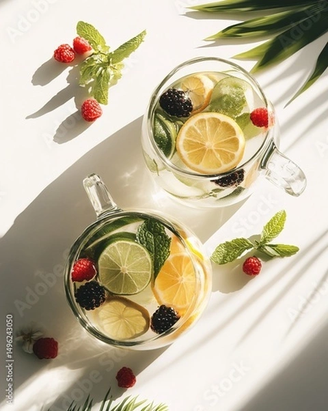 Fototapeta Flat-lay of summer fruit-infused water pitchers with tropical decor