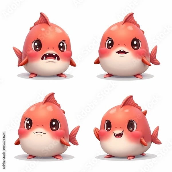 Fototapeta Cute Red Fish Cartoon Characters with Different Expressions