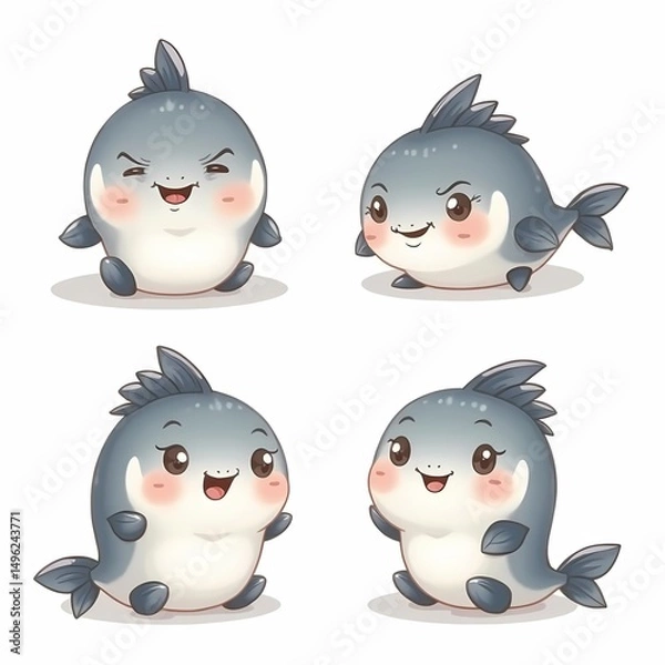 Fototapeta Cute Cartoon Fish Characters with Different Expressions