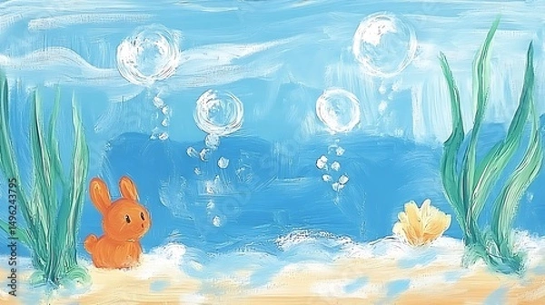 Obraz Underwater Bunny with Bubbles, and Seagrass.