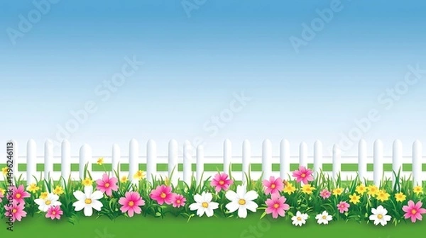 Obraz Spring flowers with white fence, and blue sky.