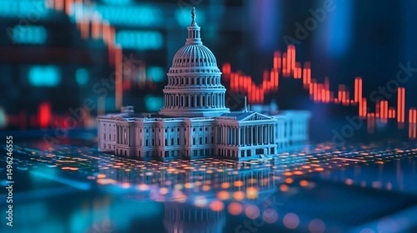 Obraz financial data, government building, digital. A government building with digital financial charts and data overlays, symbolizing economic policy and market analysis.