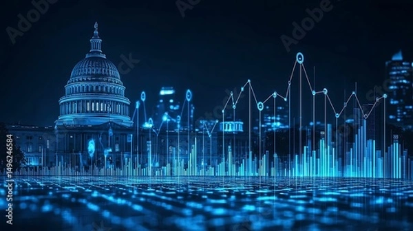 Fototapeta financial data, government building, digital. The U.S. Capitol building at night merges with digital financial graphs and data visualizations in a futuristic cityscape.
