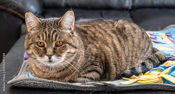 Obraz Close-up of a brown tabby cat with amber eyes lying on a colorful mat on a leather couch. The cat looks directly at the camera with a calm, regal expression.